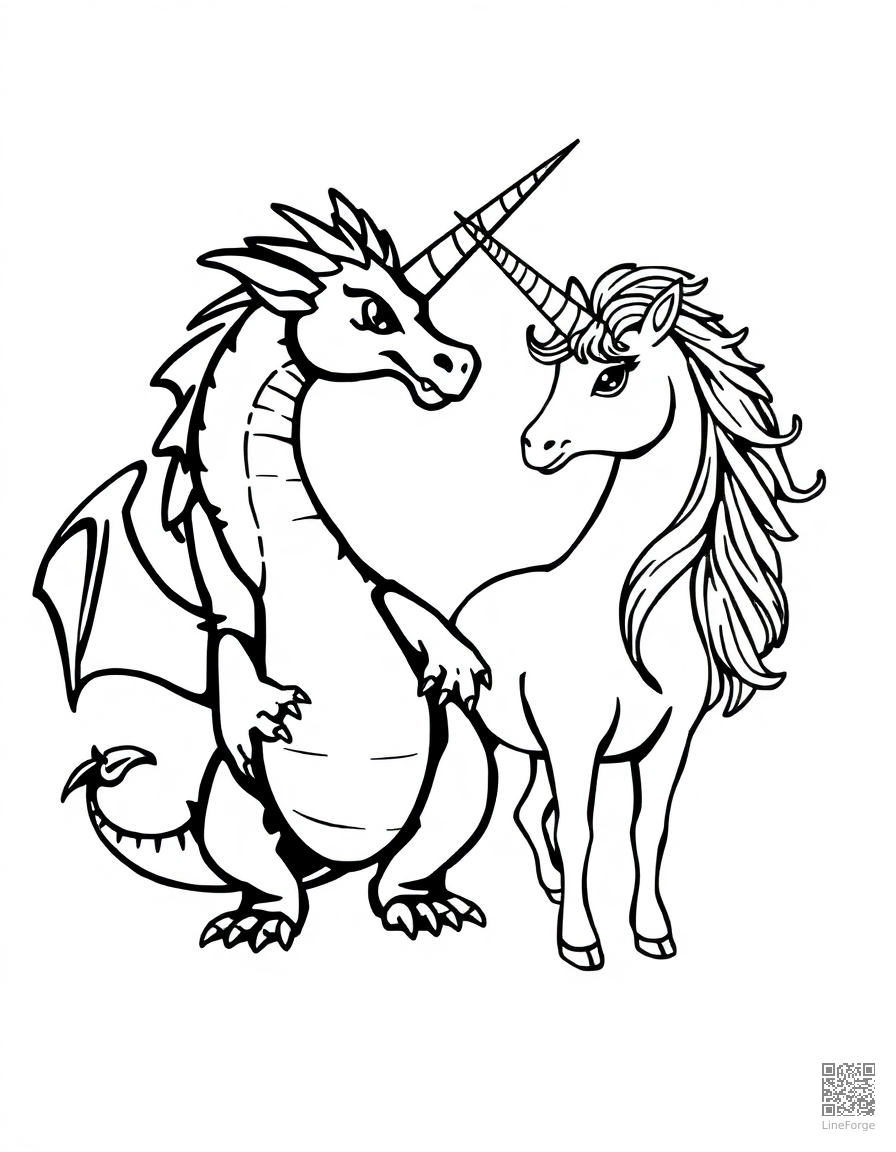 dragon and unicorn as unlikely friends coloring page Woodcut style - free printable