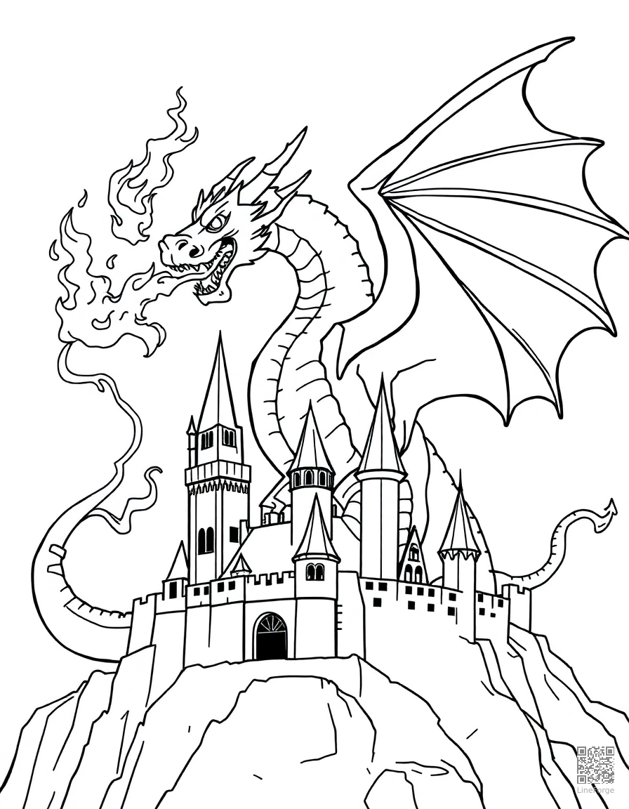 Free dragon breathing fire over a castle coloring page in contour style — printable line art