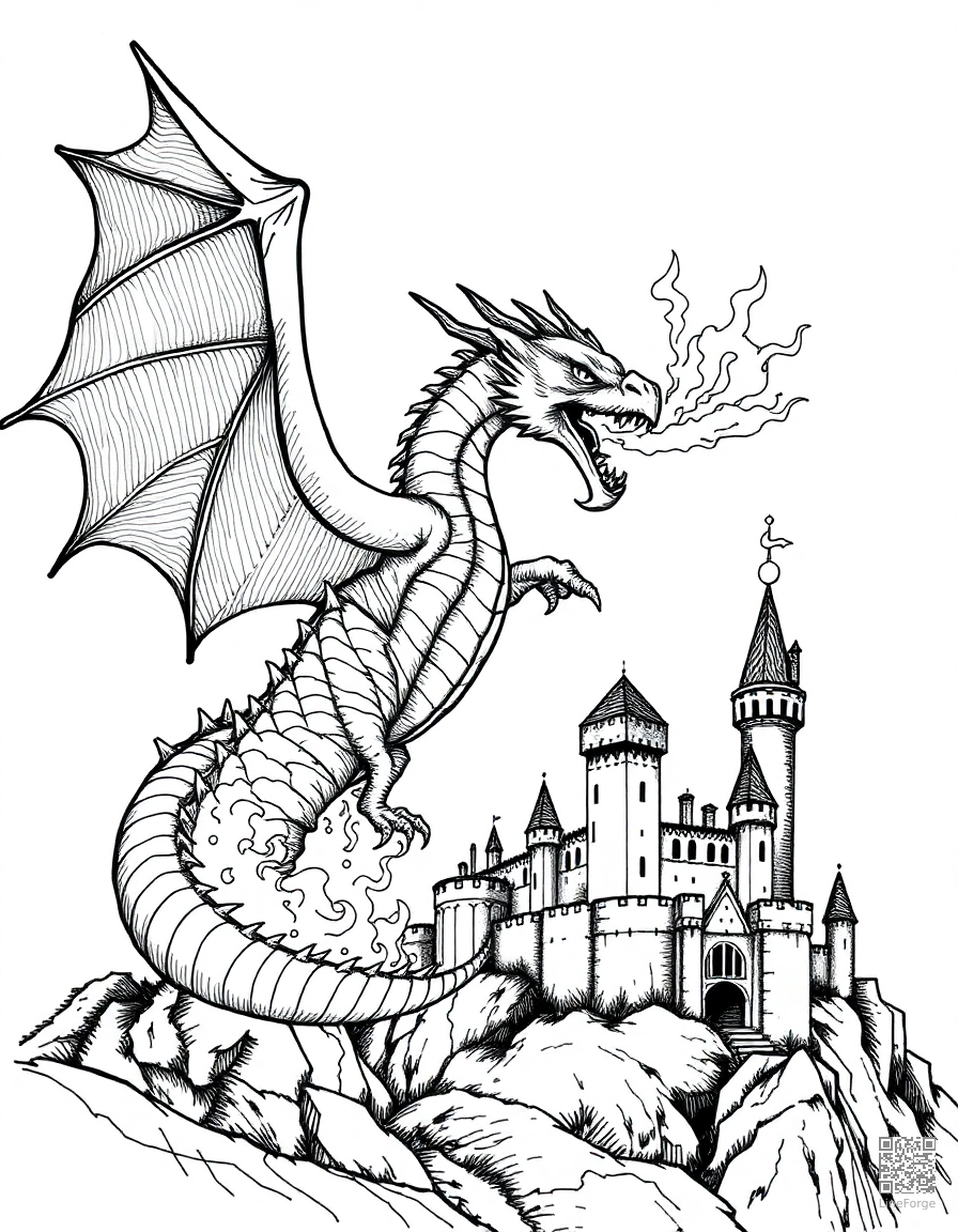 Free dragon breathing fire over a castle coloring page in crosshatch style — printable line art