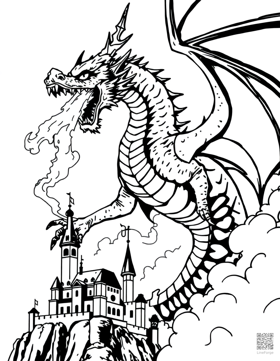Free dragon breathing fire over a castle coloring page in manga style — printable line art
