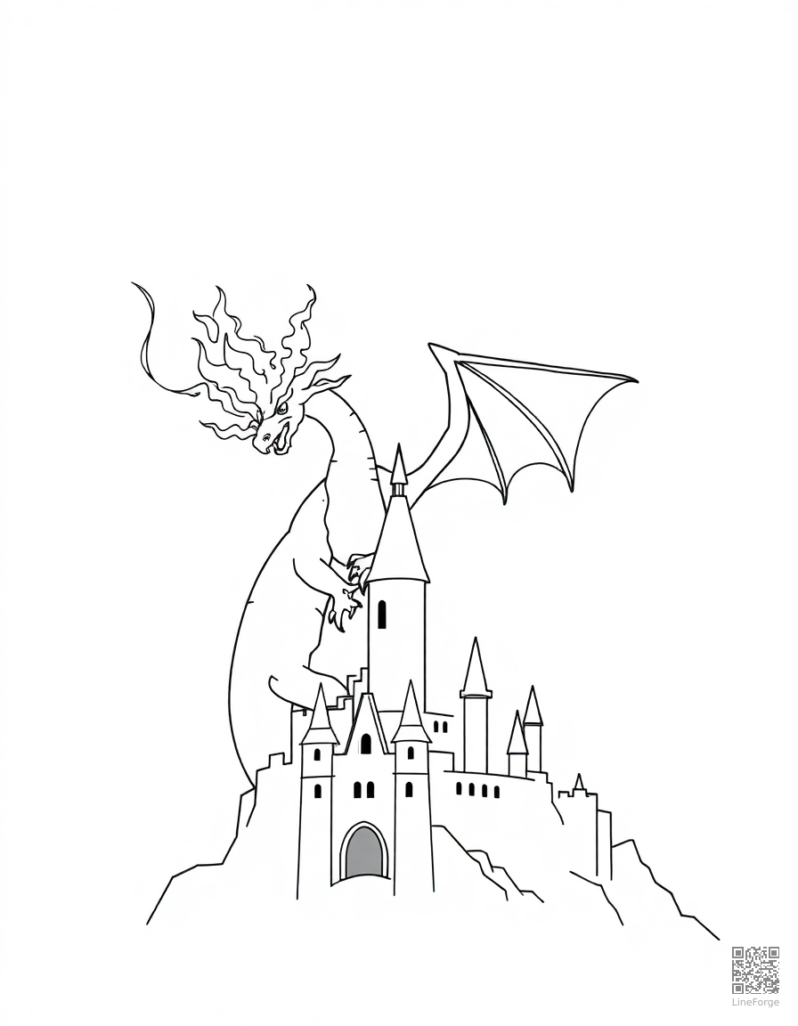 Free dragon breathing fire over a castle coloring page in minimal style — printable line art