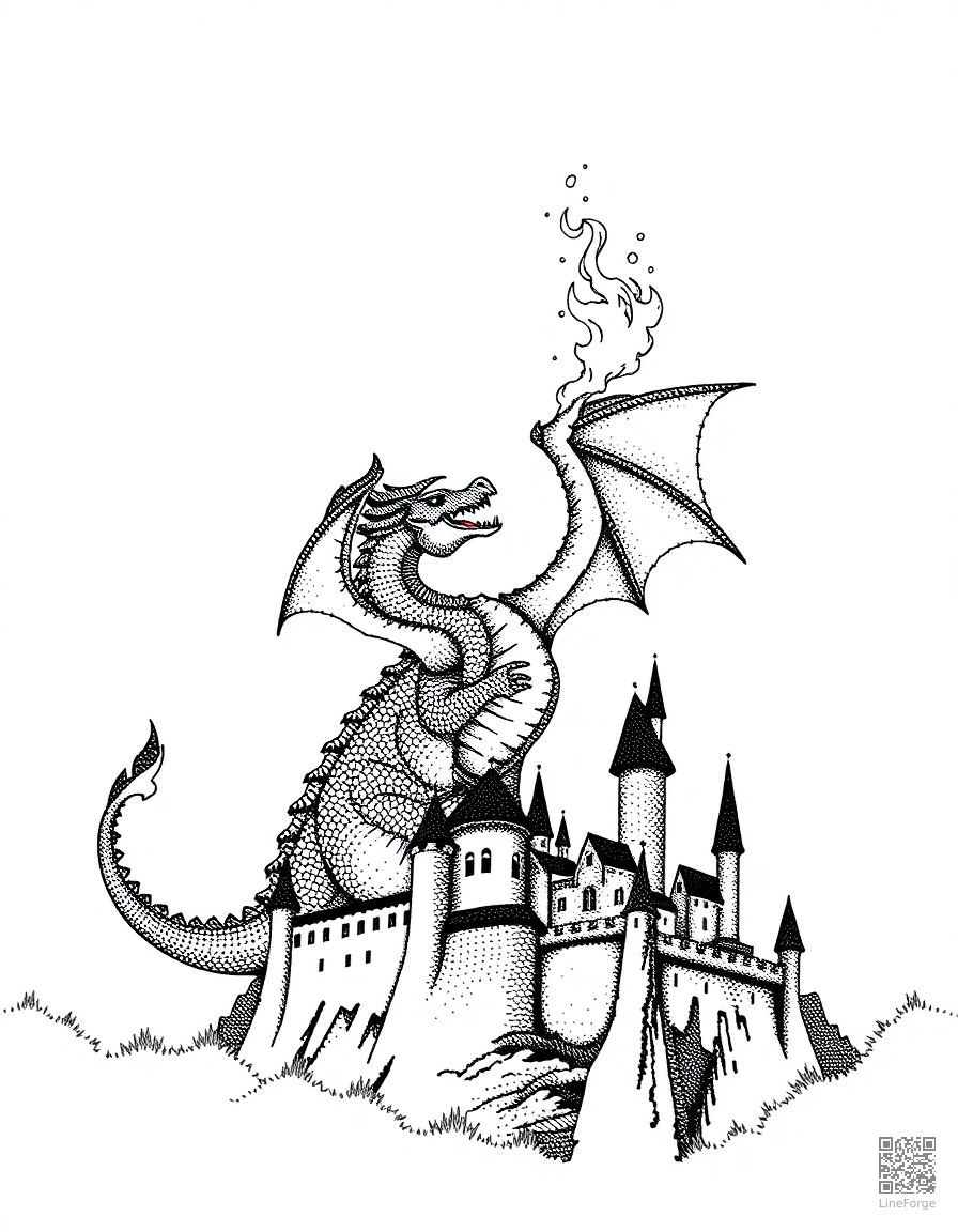 Free dragon breathing fire over a castle coloring page in stipple style — printable line art