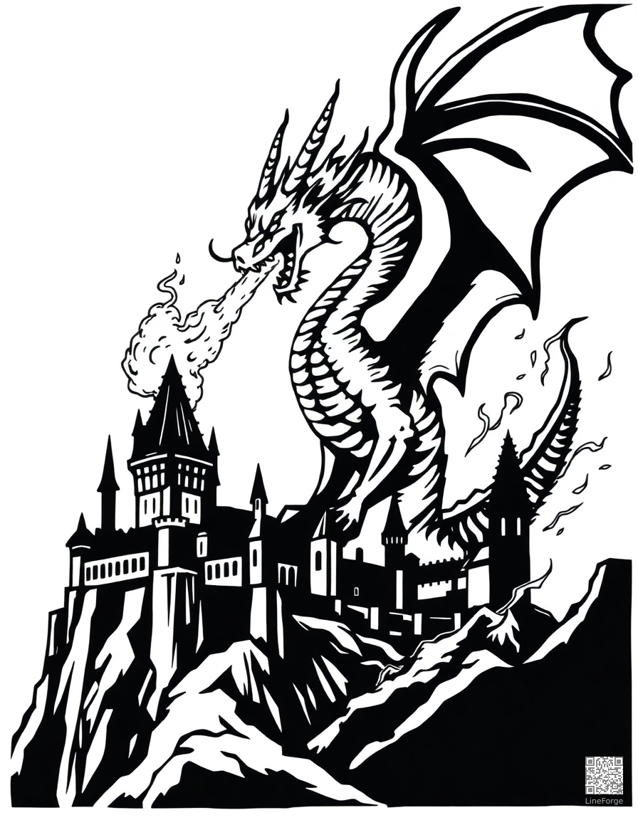 Free dragon breathing fire over a castle coloring page in woodcut style — printable line art