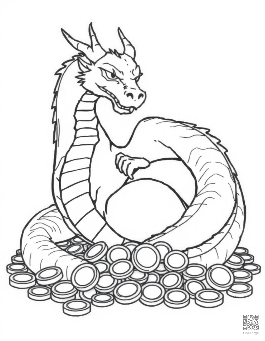 Free dragon curled around a pile of gold coins coloring page in contour style — printable line art