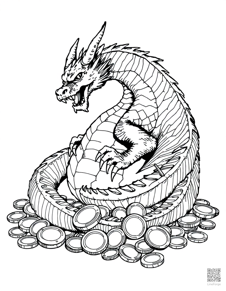 dragon curled around a pile of gold coins coloring page Crosshatch style - free printable