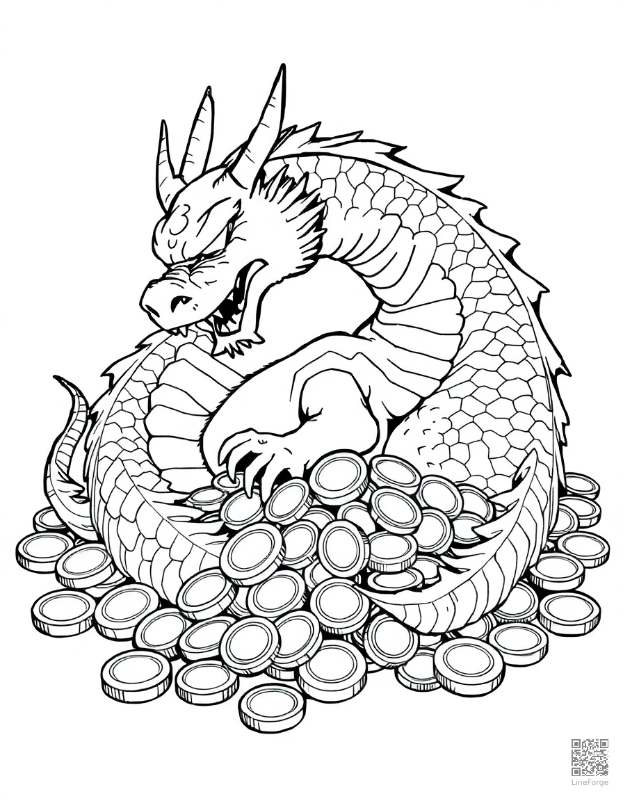 Free dragon curled around a pile of gold coins coloring page in manga style — printable line art