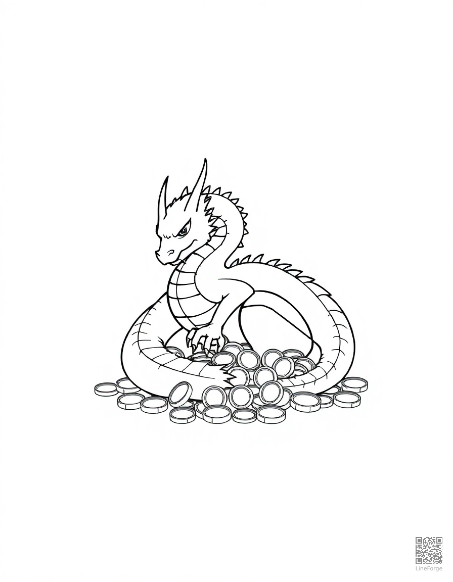 Free dragon curled around a pile of gold coins coloring page in minimal style — printable line art