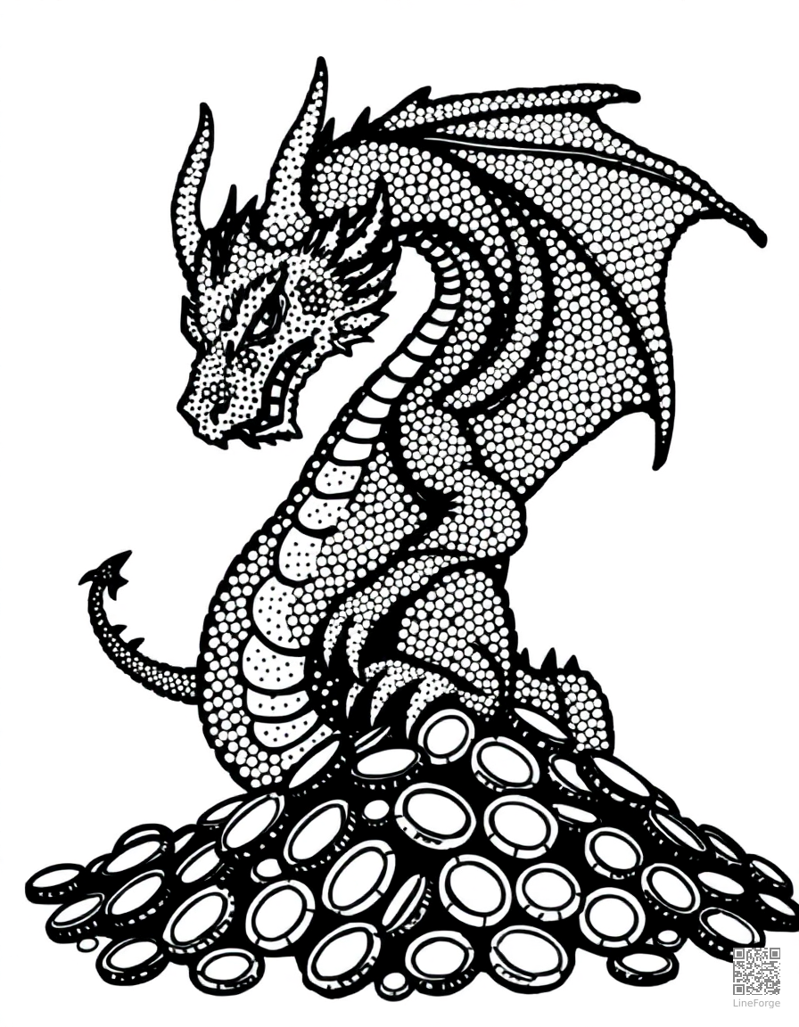 Free dragon curled around a pile of gold coins coloring page in stipple style — printable line art