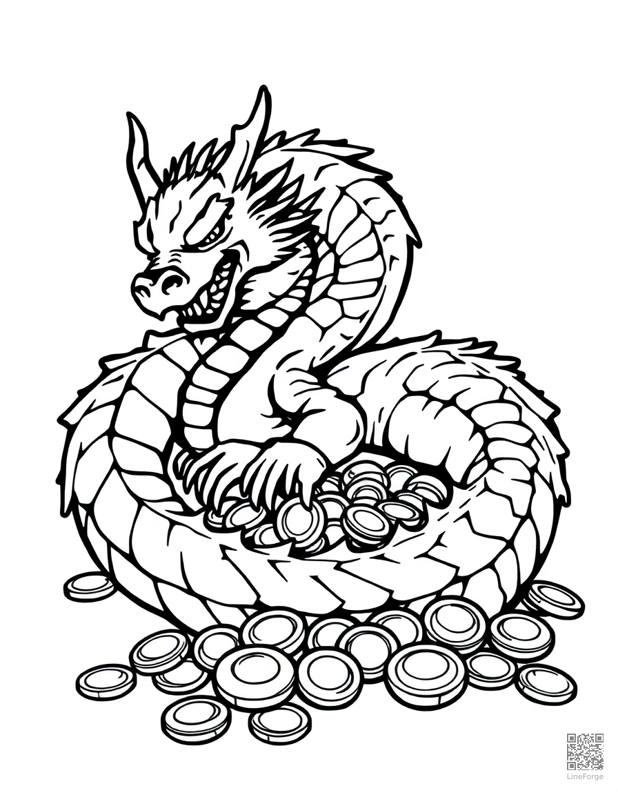 Free dragon curled around a pile of gold coins coloring page in woodcut style — printable line art