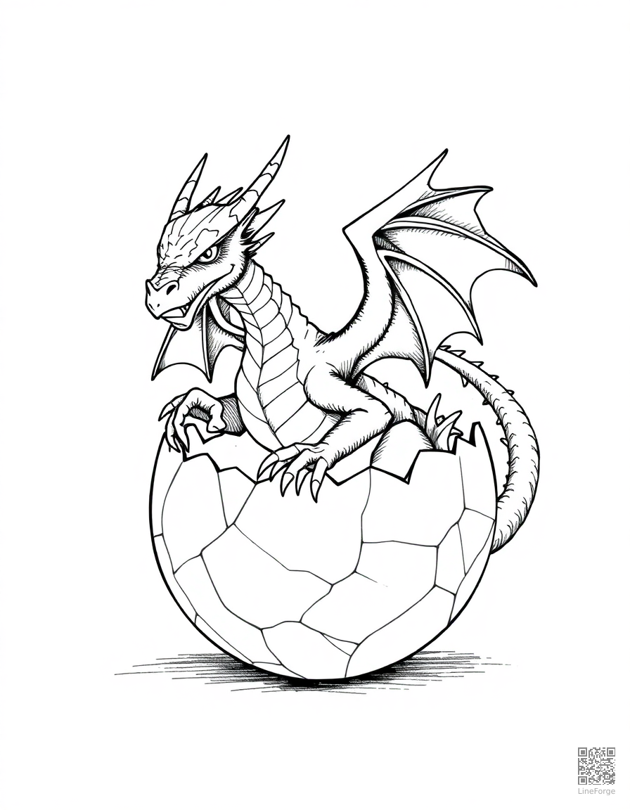 dragon hatching from a crystal egg coloring page Crosshatch style - free printable