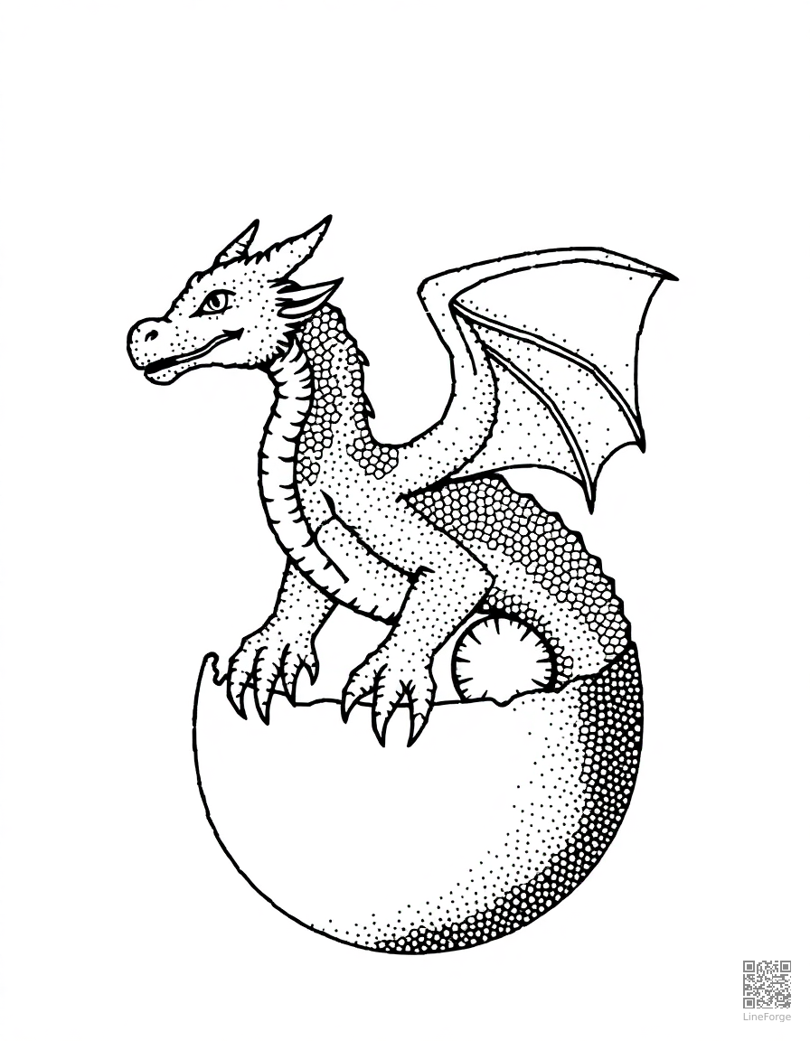 dragon hatching from a crystal egg coloring page Stipple style - free printable