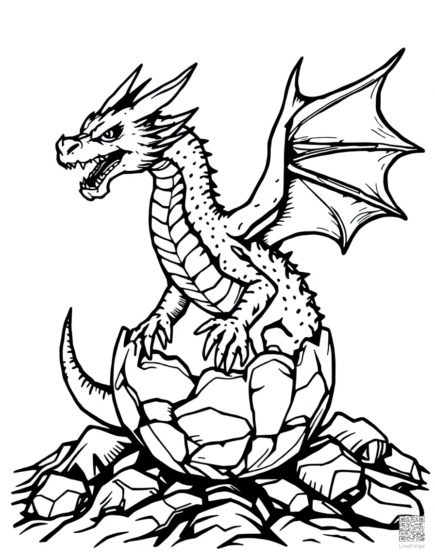 dragon hatching from a crystal egg coloring page Woodcut style - free printable