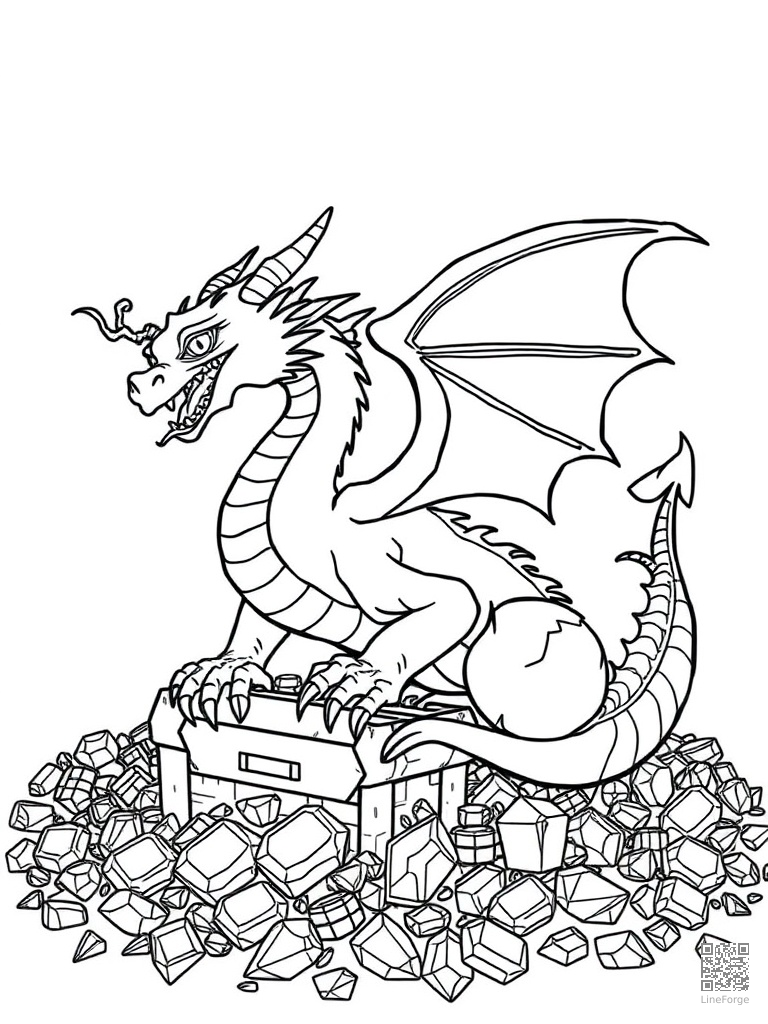 Dragon on a treasure hoard of gold and gems coloring page Contour style - free printable