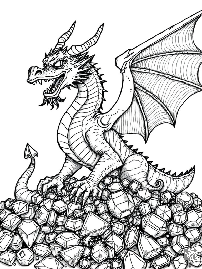 Dragon on a treasure hoard of gold and gems coloring page Crosshatch style - free printable