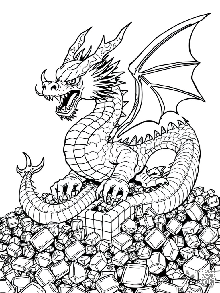Dragon on a treasure hoard of gold and gems coloring page Manga style - free printable