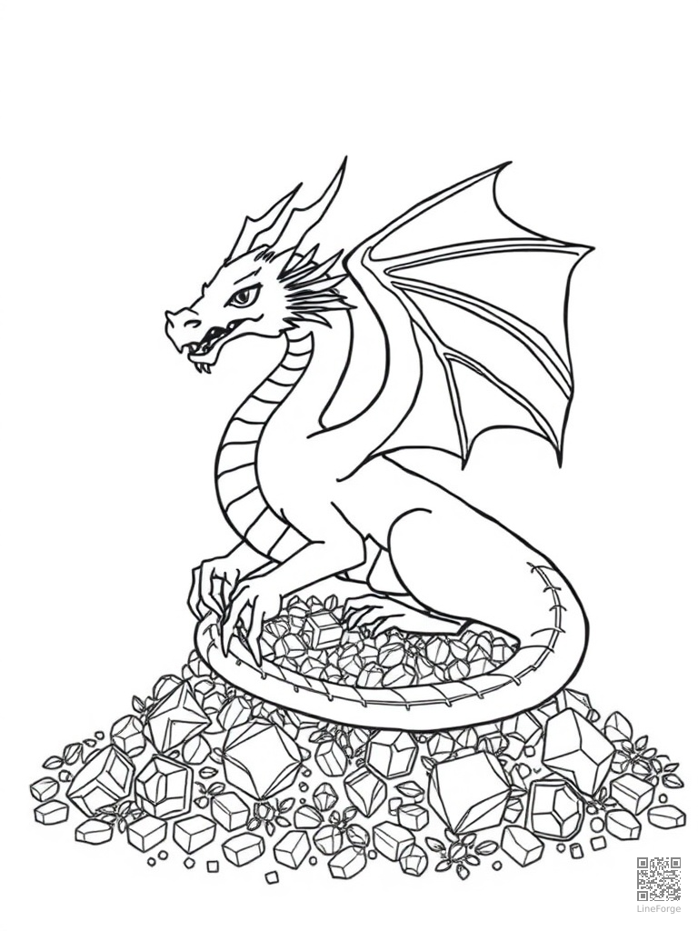 Dragon on a treasure hoard of gold and gems coloring page Minimal style - free printable