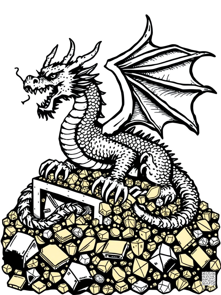 Dragon on a treasure hoard of gold and gems coloring page Woodcut style - free printable