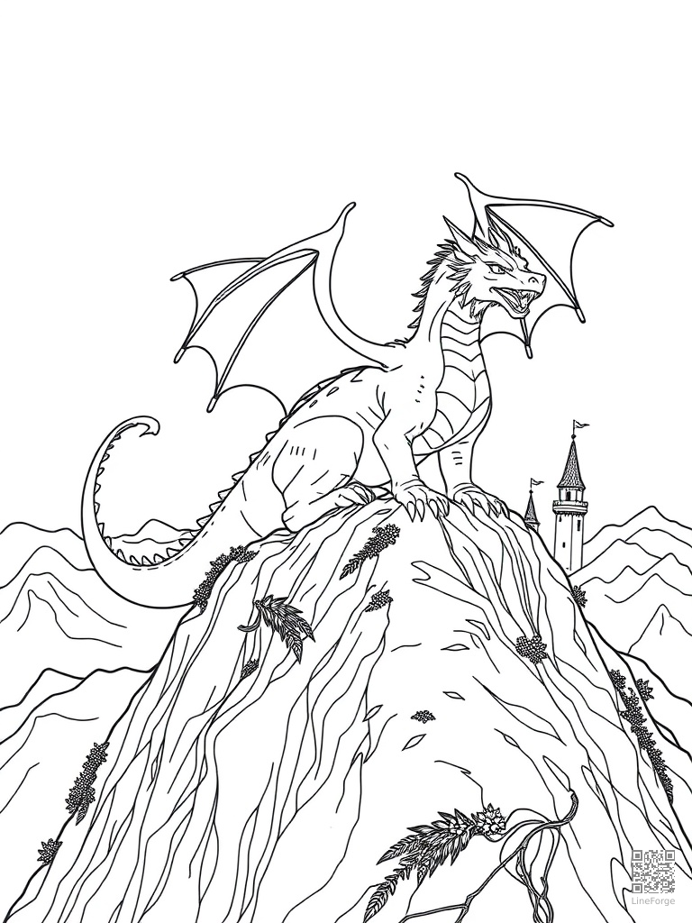 Dragon on mountaintop overlooking fantasy kingdom coloring page Contour style - free printable