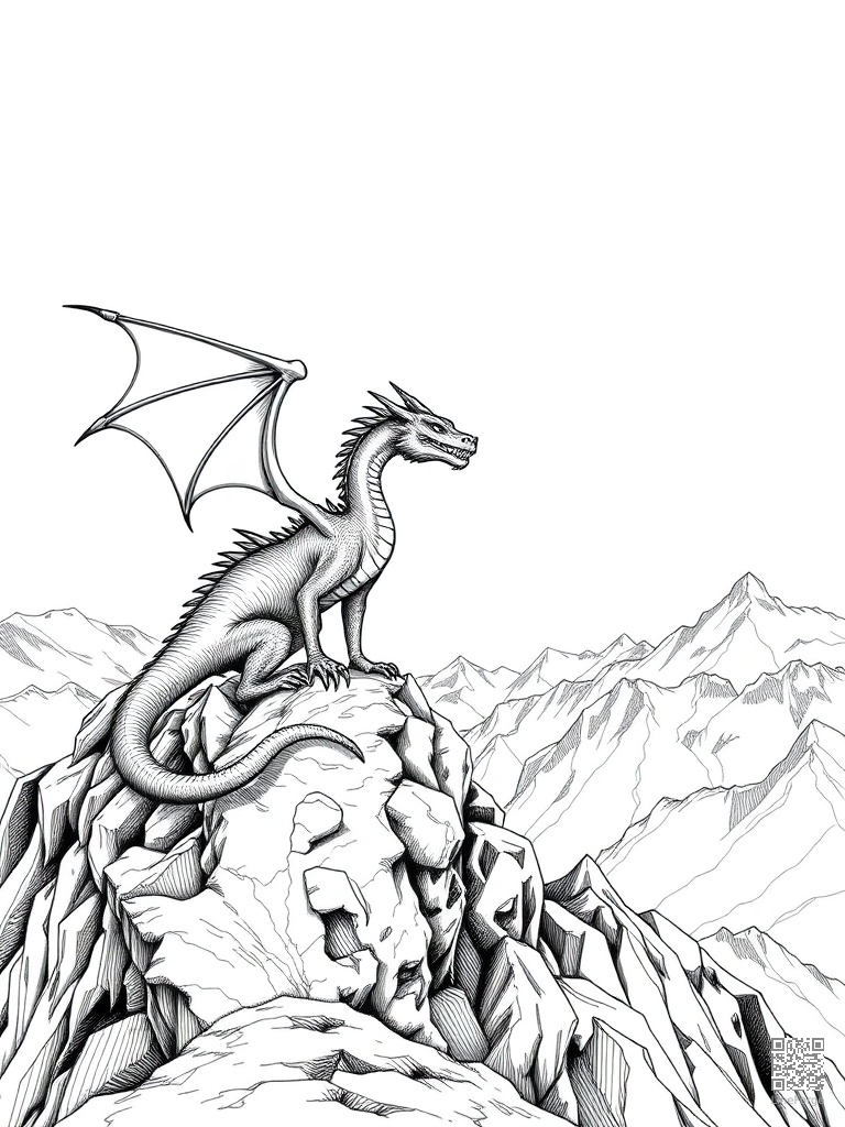 Dragon on mountaintop overlooking fantasy kingdom coloring page Crosshatch style - free printable