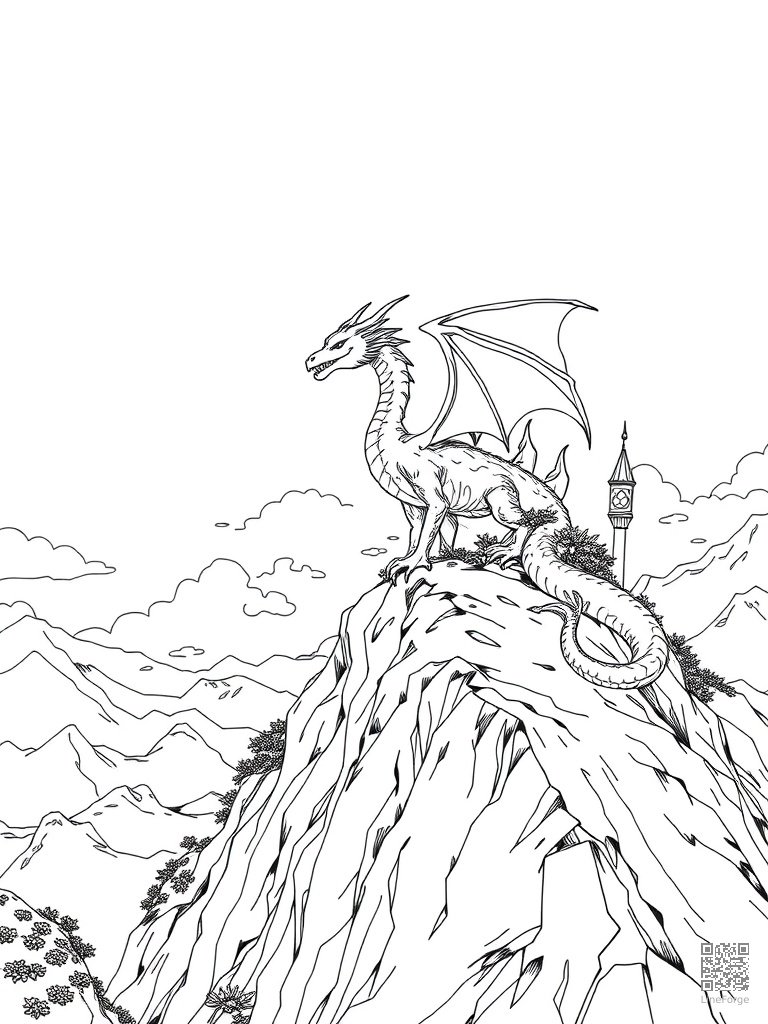 Dragon on mountaintop overlooking fantasy kingdom coloring page Manga style - free printable
