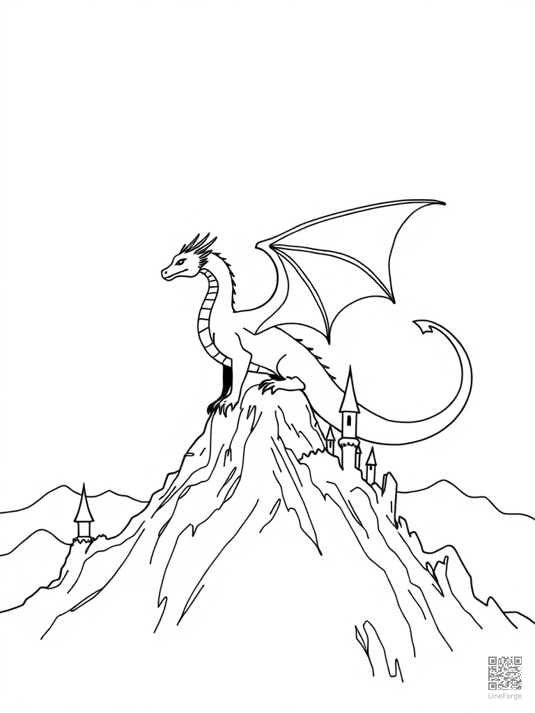 Dragon on mountaintop overlooking fantasy kingdom coloring page Minimal style - free printable
