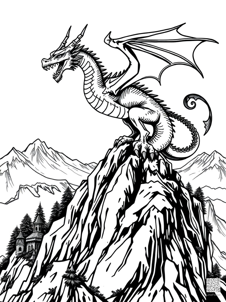 Dragon on mountaintop overlooking fantasy kingdom coloring page Woodcut style - free printable