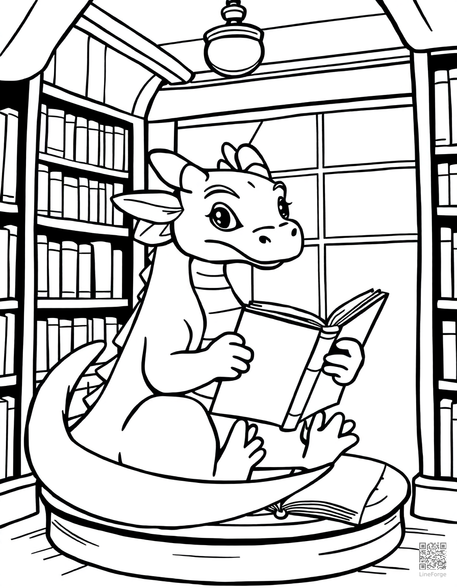 Free dragon reading a book in a cozy library coloring page in contour style — printable line art