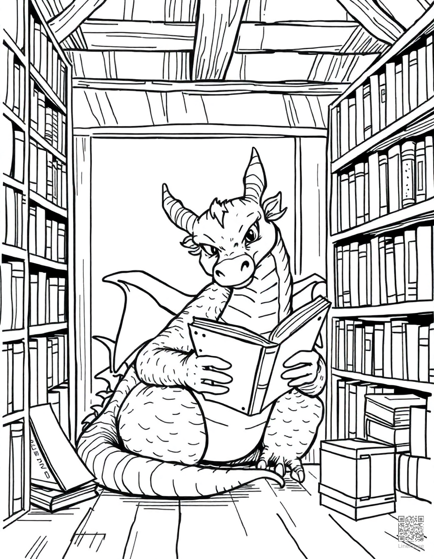Free dragon reading a book in a cozy library coloring page in crosshatch style — printable line art