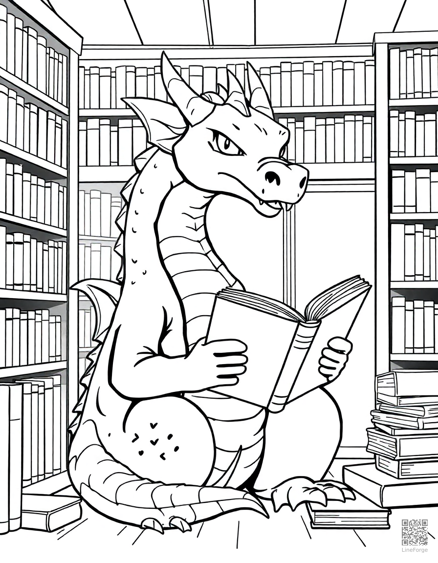 Free dragon reading a book in a cozy library coloring page in manga style — printable line art