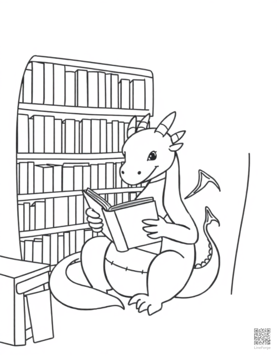 Free dragon reading a book in a cozy library coloring page in minimal style — printable line art