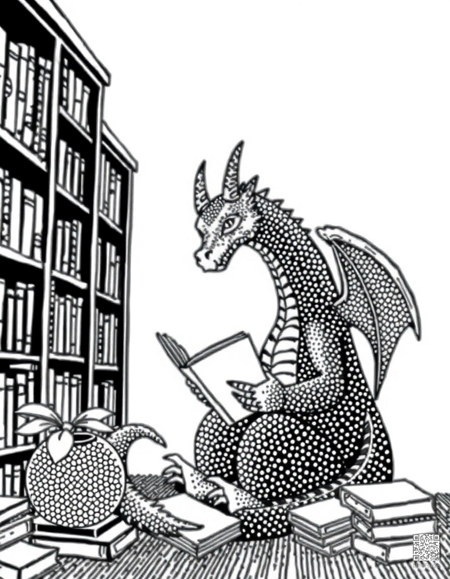 Free dragon reading a book in a cozy library coloring page in stipple style — printable line art