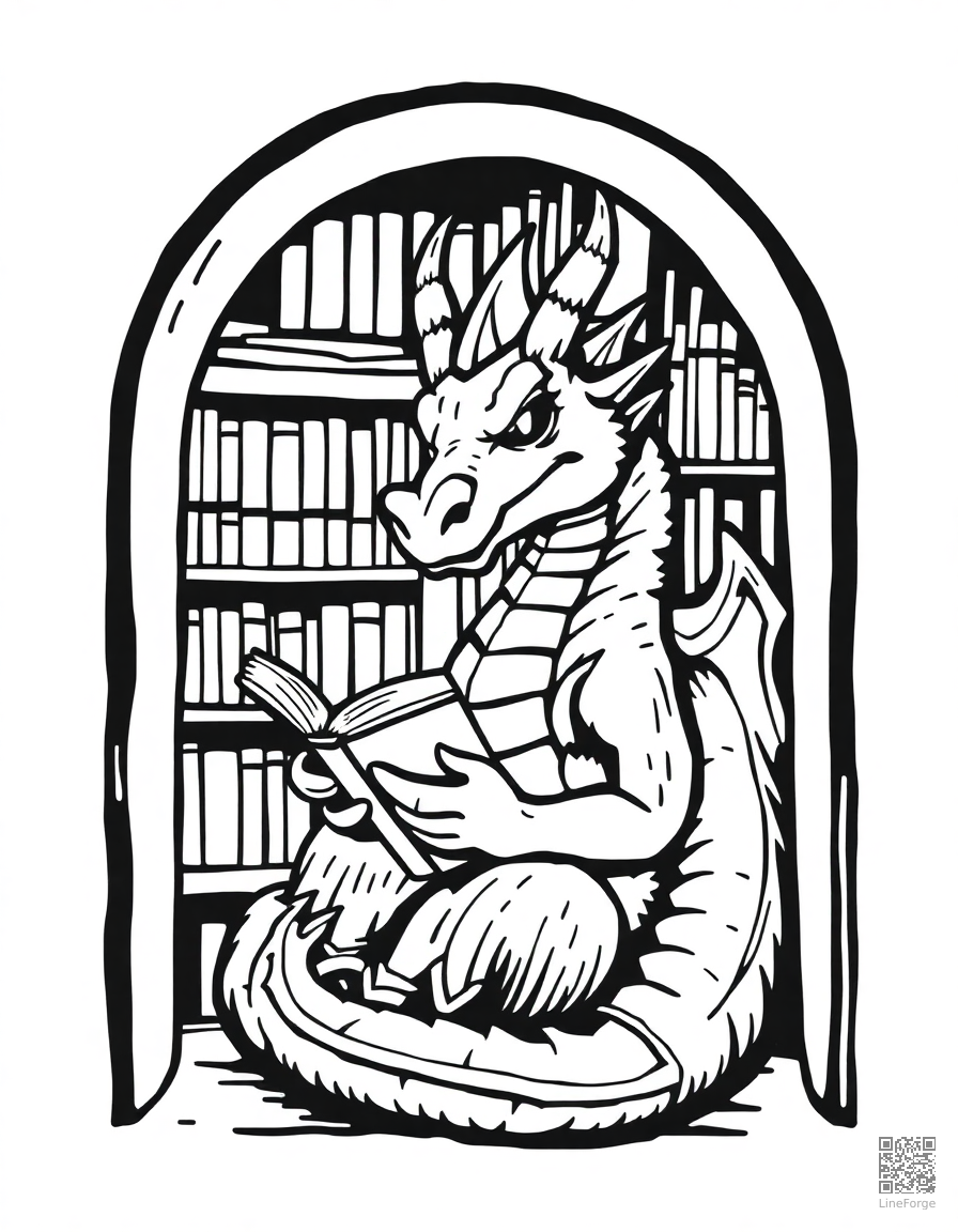 Free dragon reading a book in a cozy library coloring page in woodcut style — printable line art