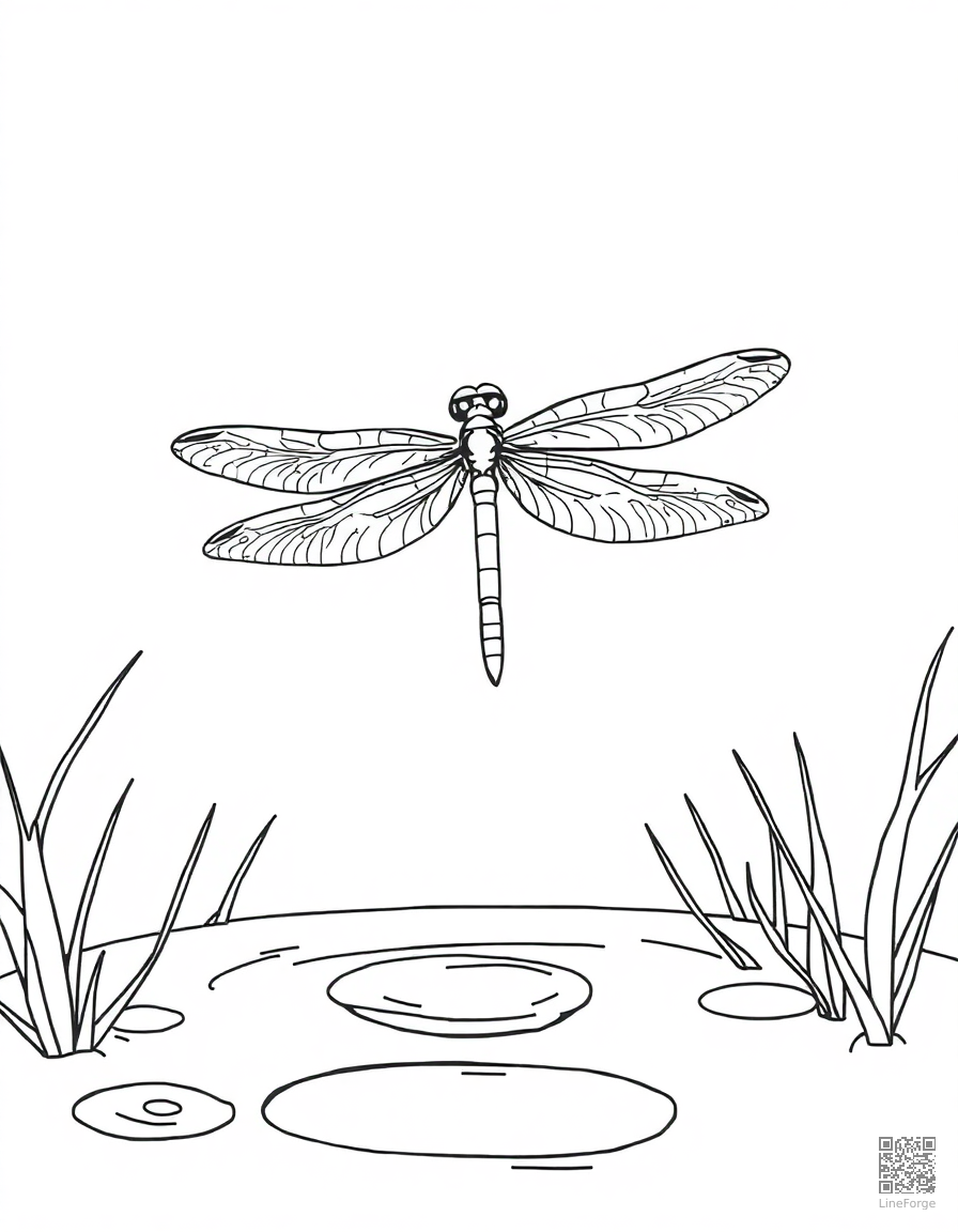 dragonfly hovering over a pond coloring page Contour style - free printable