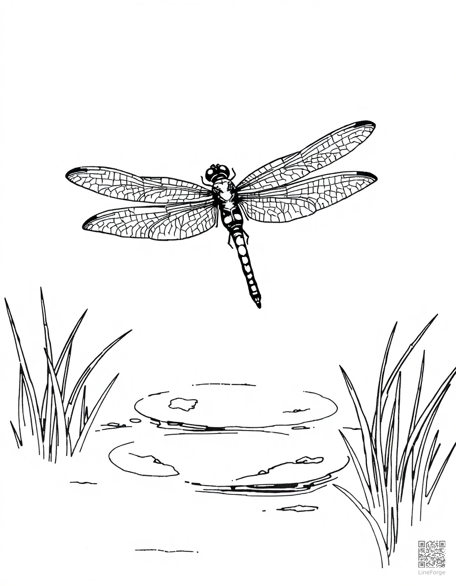 dragonfly hovering over a pond coloring page Crosshatch style - free printable