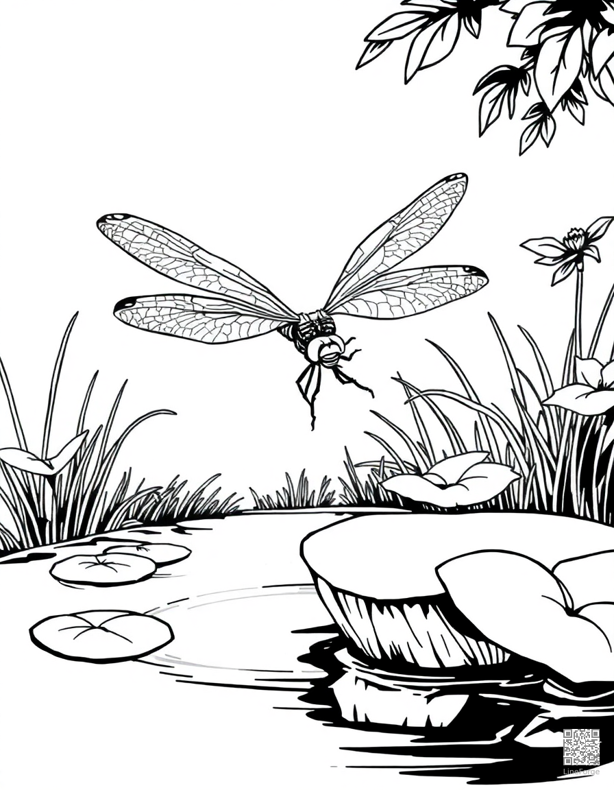 dragonfly hovering over a pond coloring page Manga style - free printable