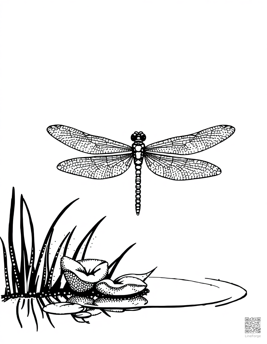 dragonfly hovering over a pond coloring page Stipple style free printable