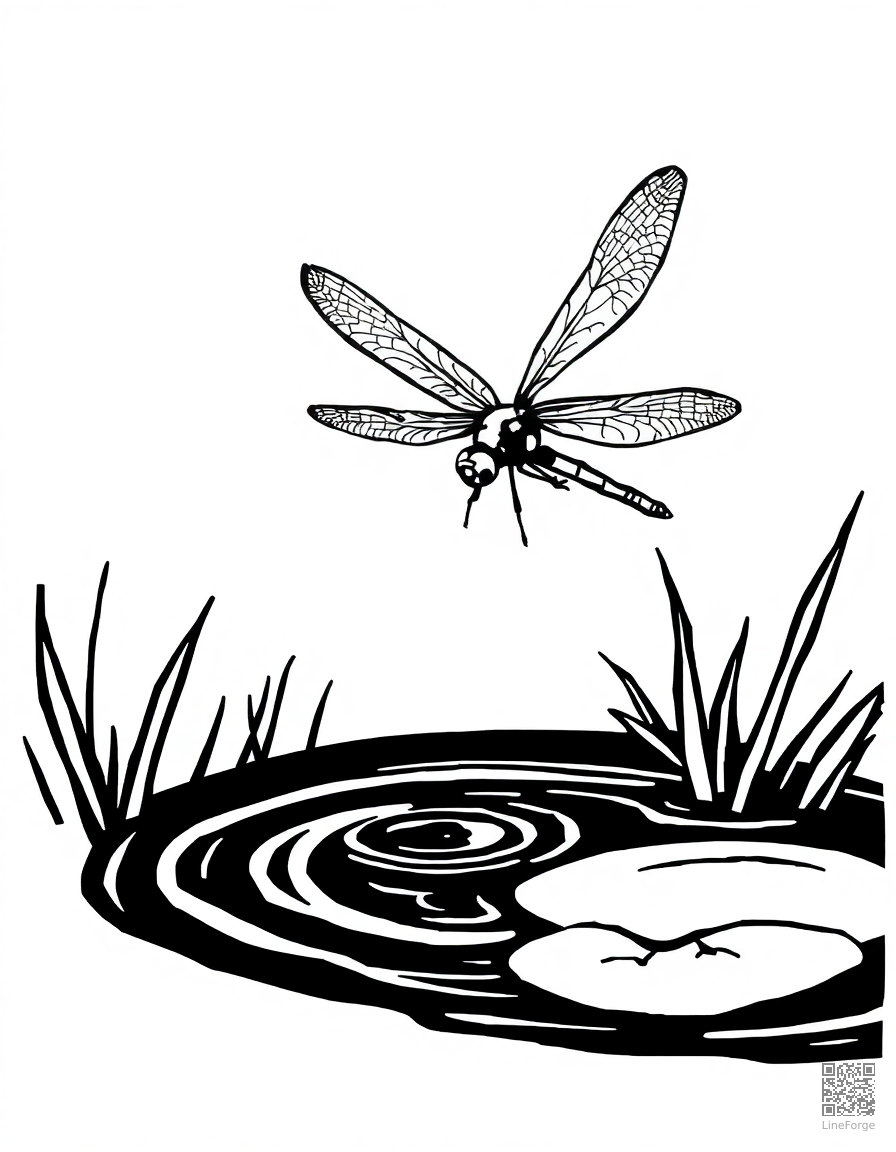 dragonfly hovering over a pond coloring page Woodcut style - free printable
