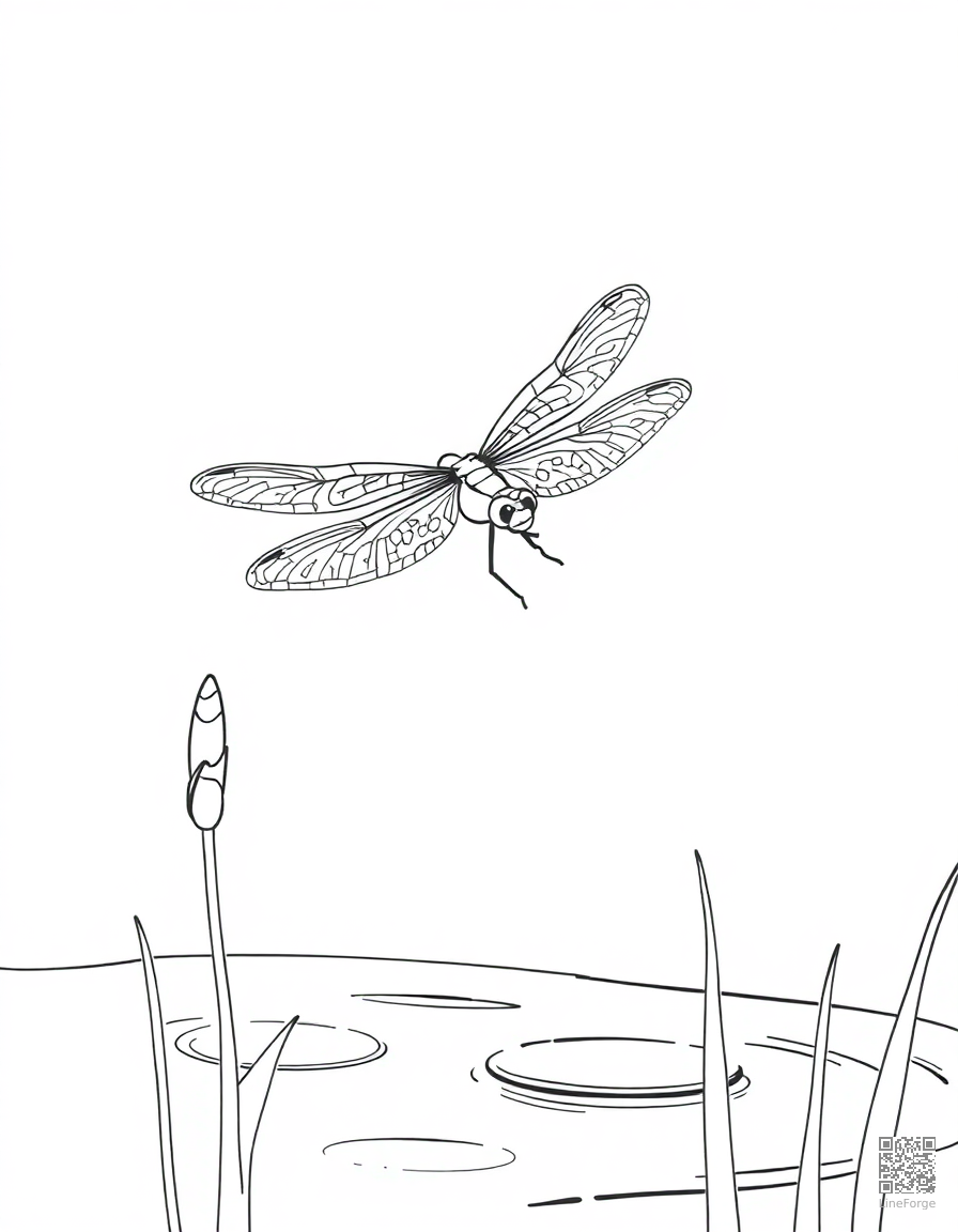 Free dragonfly landing on a reed by a pond coloring page in contour style — printable line art