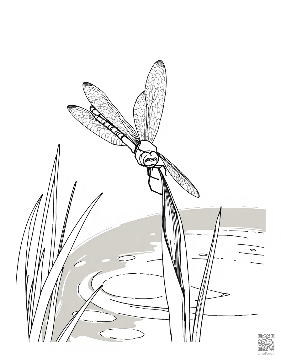 dragonfly landing on a reed by a pond coloring page Crosshatch style - free printable