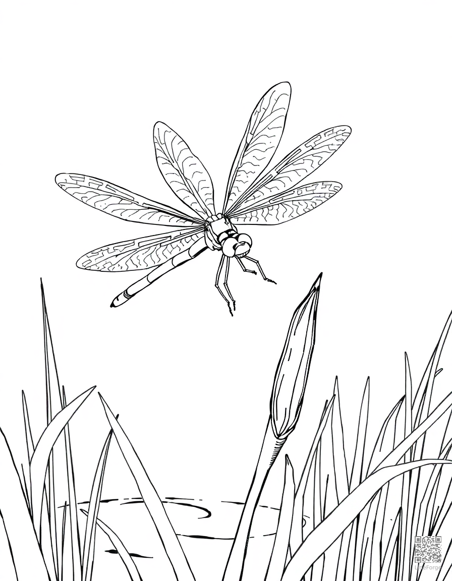 Free dragonfly landing on a reed by a pond coloring page in manga style — printable line art