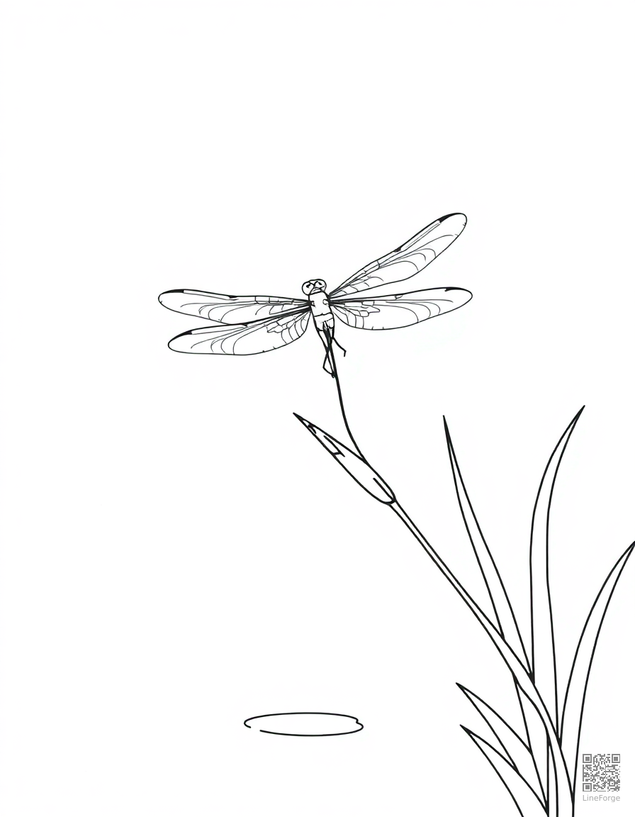 dragonfly landing on a reed by a pond coloring page Minimal style - free printable