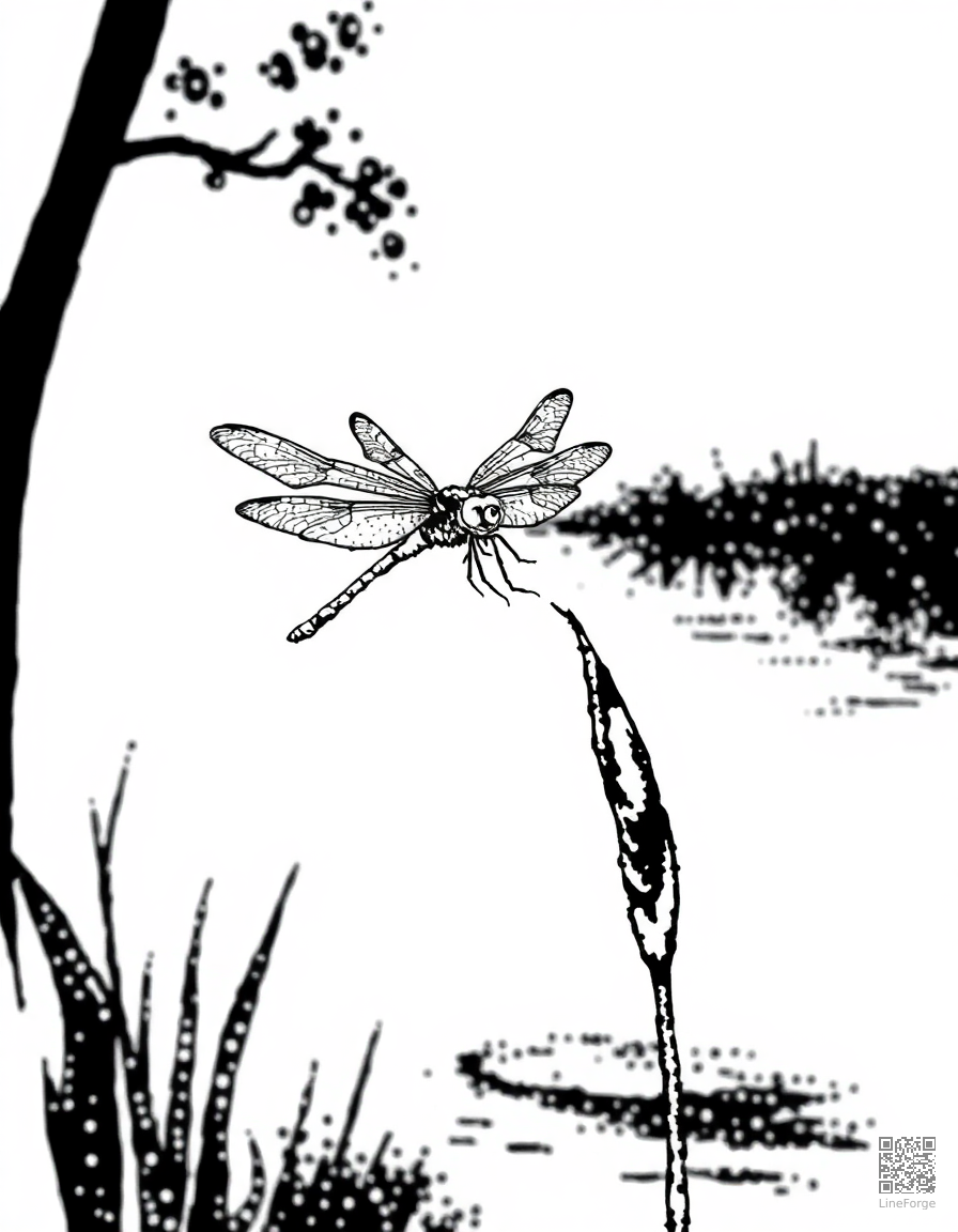 Free dragonfly landing on a reed by a pond coloring page in stipple style — printable line art