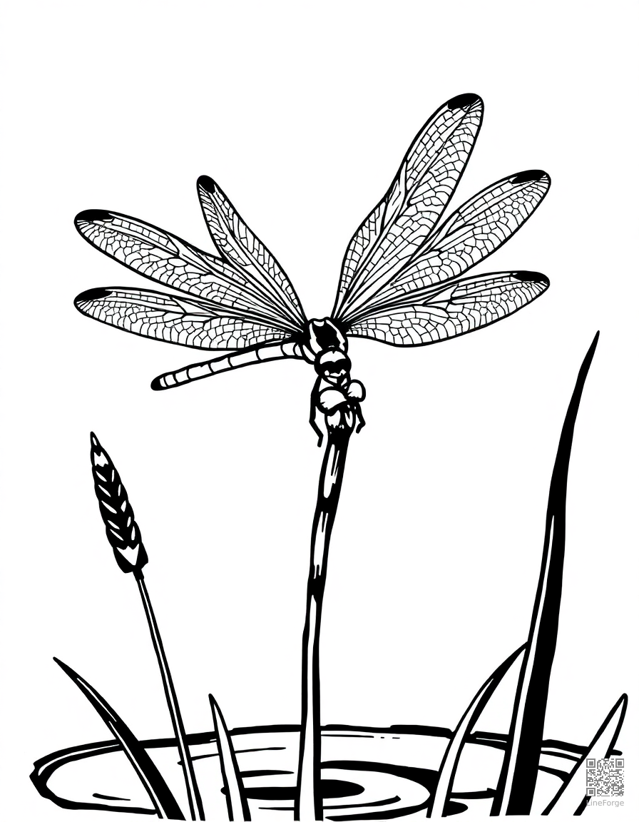 dragonfly landing on a reed by a pond coloring page Woodcut style - free printable