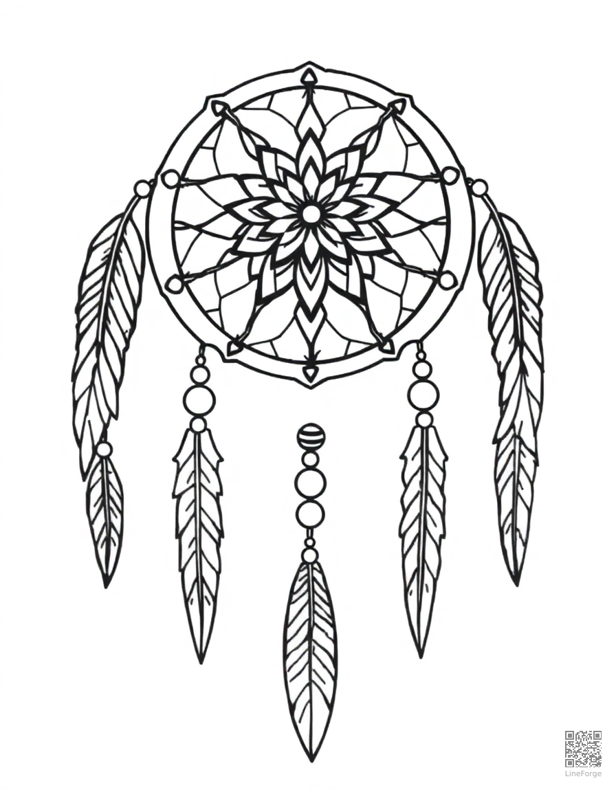 dreamcatcher with feathers and beads coloring page Contour style - free printable