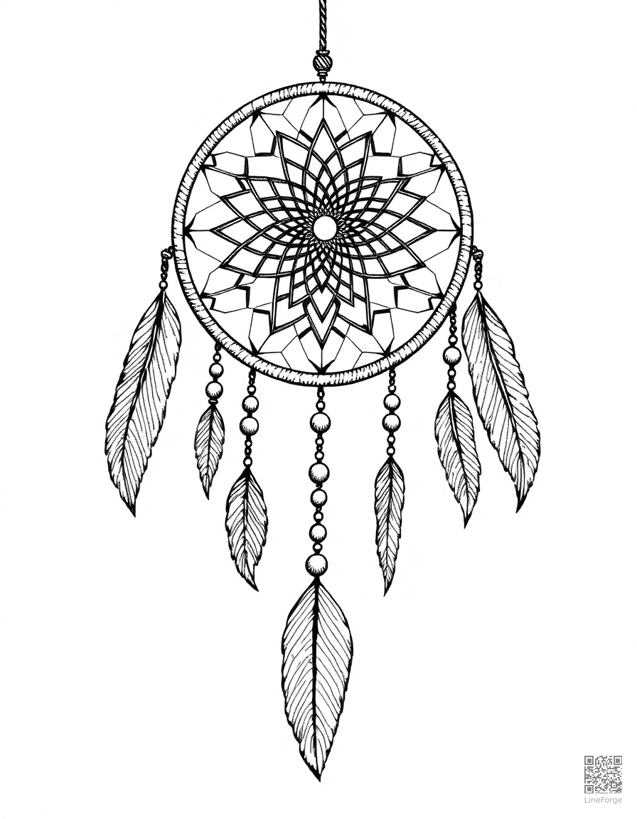 dreamcatcher with feathers and beads coloring page Crosshatch style - free printable