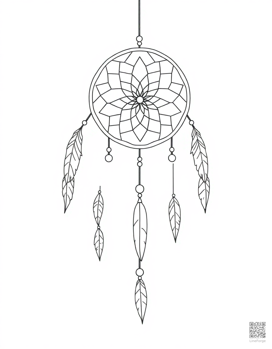 dreamcatcher with feathers and beads coloring page Minimal style - free printable