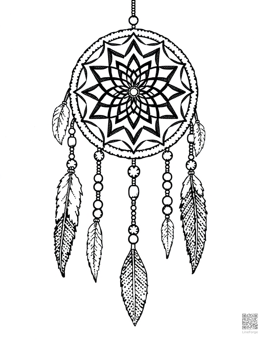 dreamcatcher with feathers and beads coloring page Stipple style - free printable