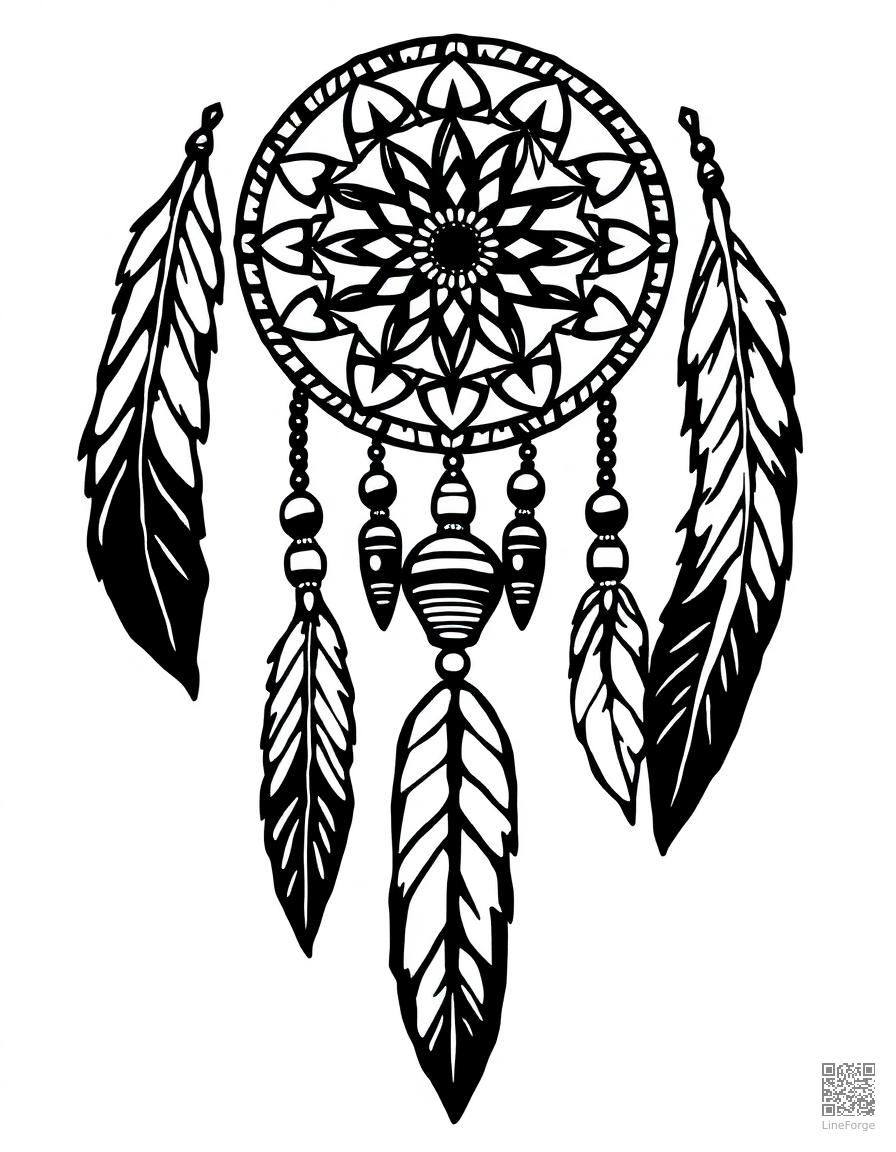 dreamcatcher with feathers and beads coloring page Woodcut style - free printable