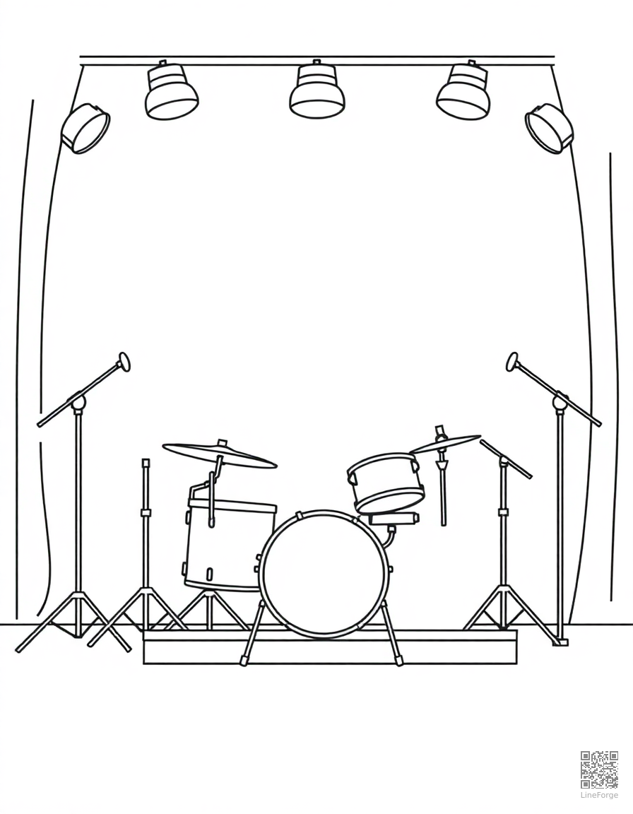 drum set on a stage with spotlights coloring page Contour style - free printable