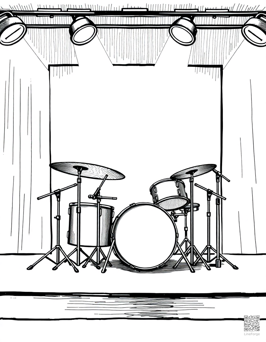 drum set on a stage with spotlights coloring page Crosshatch style - free printable